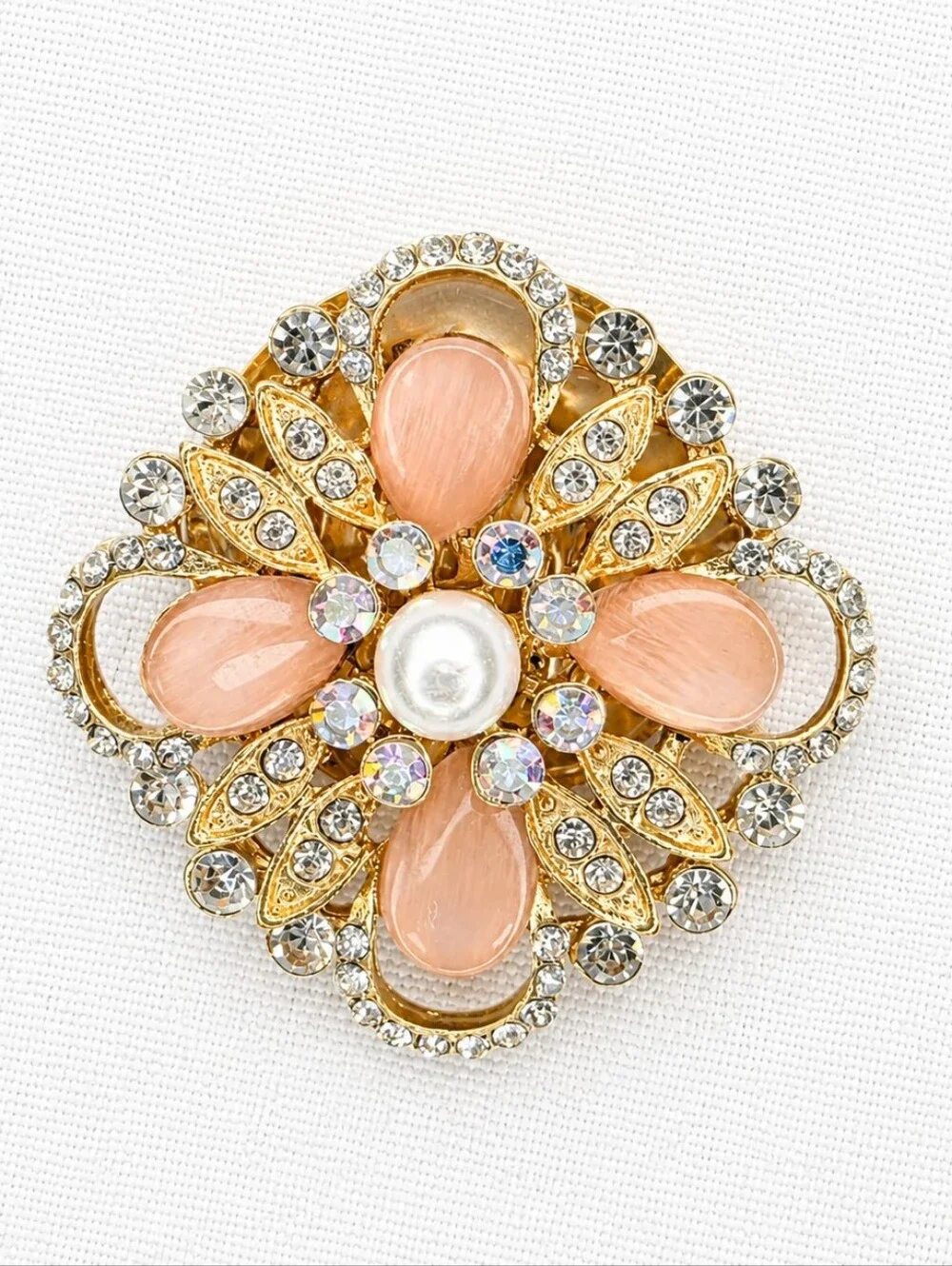 💎Gold Tone Pink Rhinestone Pearl Flower Brooch Pin Vintage Style Statement 3D